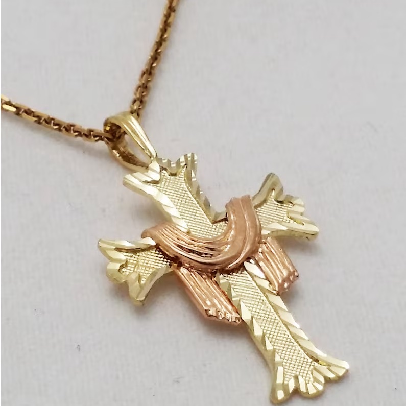 14k TwoToned Scarfed Cross Solid Rose And Yellow Gold